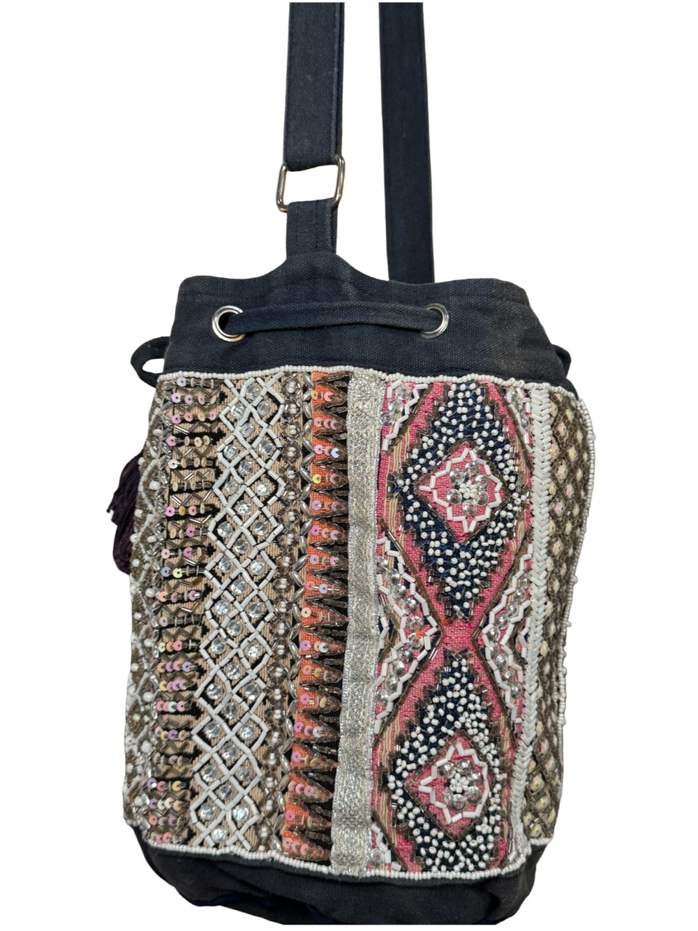 💞🫧 Boho Embroidered Drawstring Crossbody Bucket Bag - Navy Embellished Beaded 🫧💞